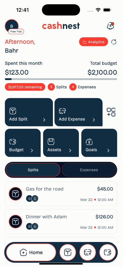 CashNest home dashboard on iPhone